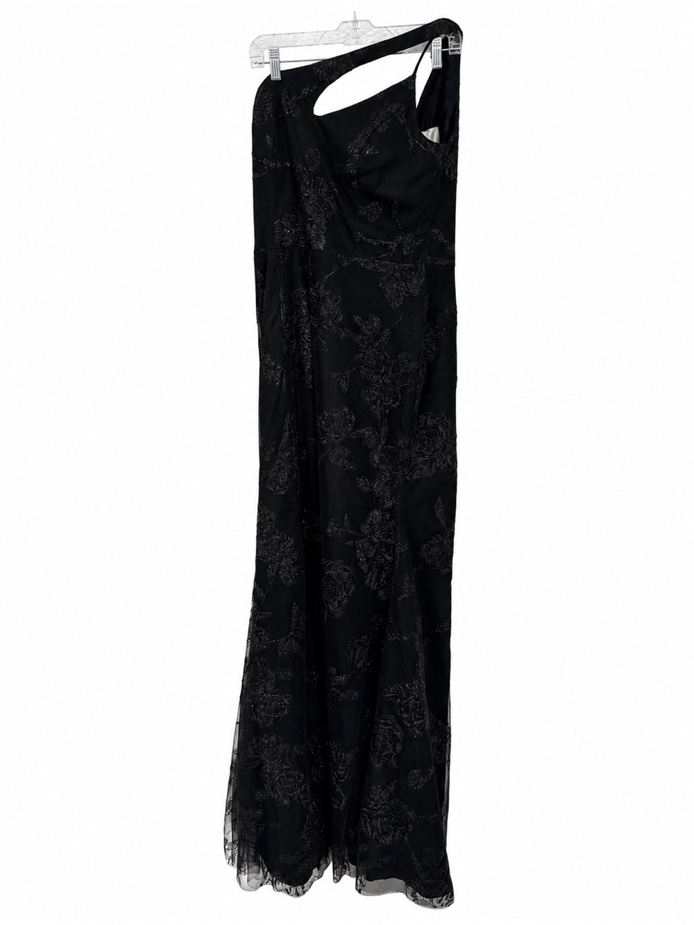 Hayley Paige Black One Shoulder Floral Formal Gown Size 12 Evening Glitter Dress